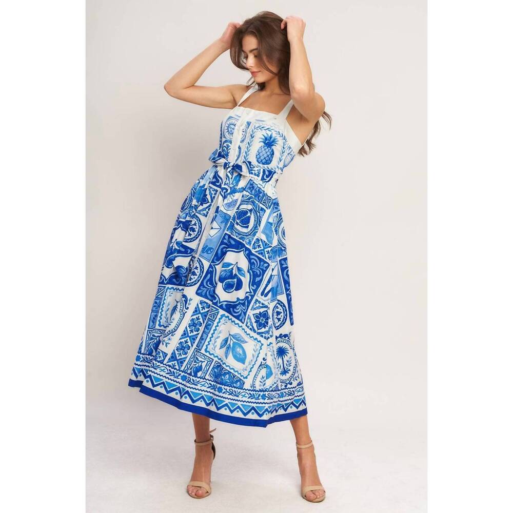 NEW FLYING TOMATO printed woven midi dress in blue - Picture 4 of 8